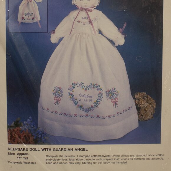 Vintage Bucilla Stamped Embroidery Kit Keepsake Doll with Guardian Angel - Picture 2 of 4